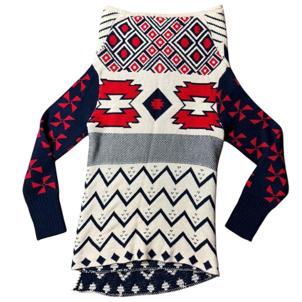 Southwestern Fair Isle Knit Open Front Cardigan Navy Cream Red Geometric Boho - Picture 2 of 8